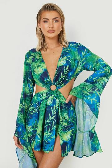 Green Premium Tropical O Ring Sleeve Mini Beach Dress