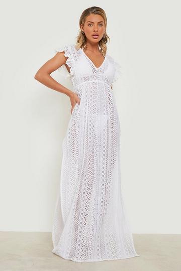 White Ruffle Lace Plunge Beach Dress