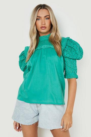 Green Broderie High Neck Blouse