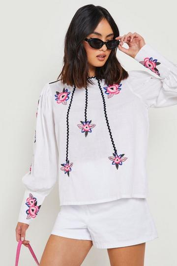 Embroidered Puff Sleeve Top ivory
