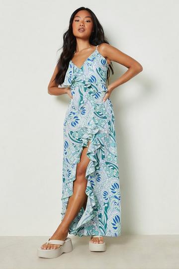 Petite Paisley Ruffle Wrap Maxi Dress green