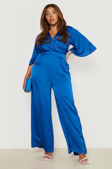 Plus Satin Pleated Wide Leg Jumpsuit cobalt