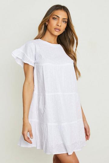 Broderie Tiered Smock Dress white
