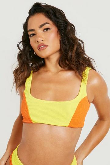 Orange Colour Block Crinkle Scooped Bikini Top