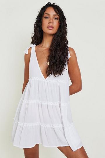 Crinkle Tie Shoulder Beach Dress white