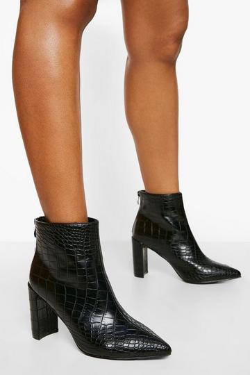 Black Wide Fit Pointed Toe Croc Heeled Boots