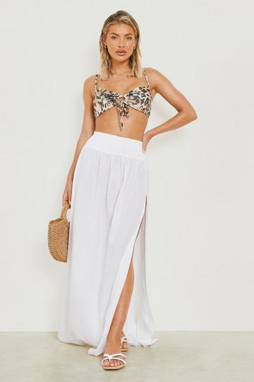 Linen Look Shirred Split Maxi Beach Skirt white