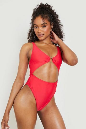 Wooden O-ring Cut Out Swimsuit red
