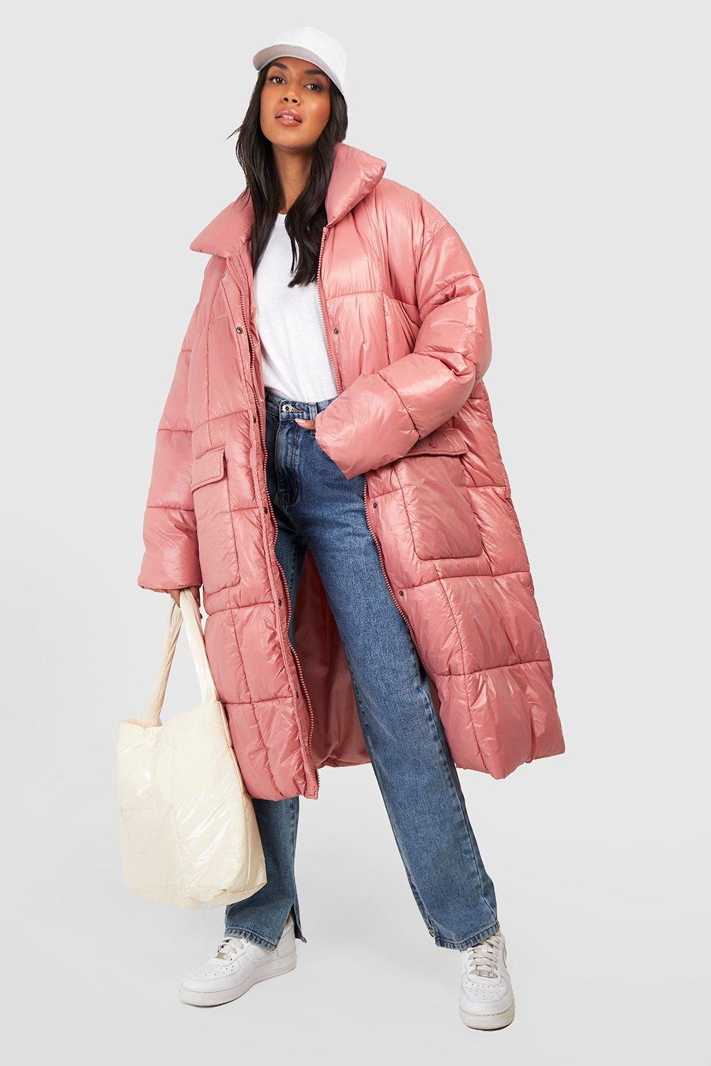 pink puffer coat with fur hood