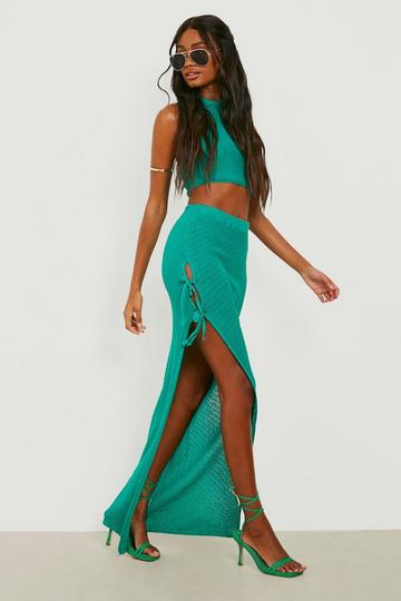 Lace Up Maxi Skirt And Halterneck Knitted Set green