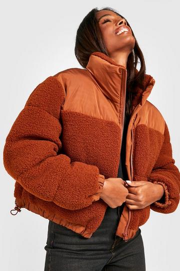 Teddy Faux Fur Panelled Puffer Jacket chocolate