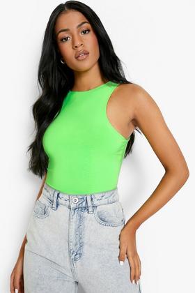 Women Neon Green Strappy Ribbed Bodysuit