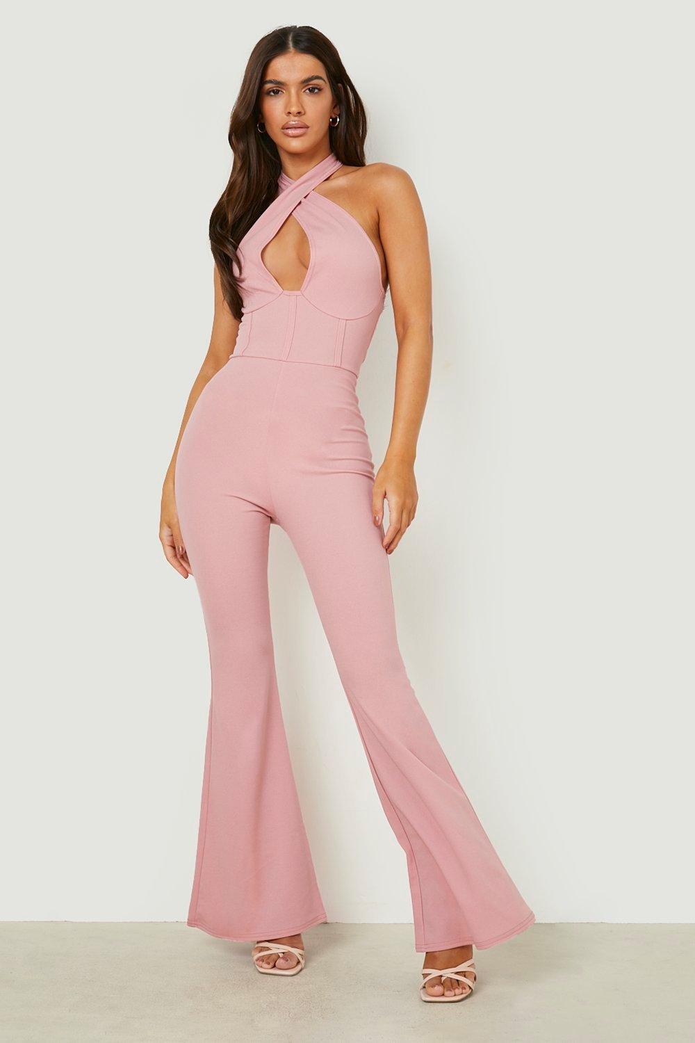 Pink Boohoo Satin Halterneck Panelled Romper in Blush Womens Clothing Jumpsuits and rompers Playsuits 