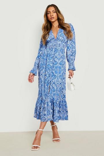 Paisley V Neck Woven Midi Dress blue