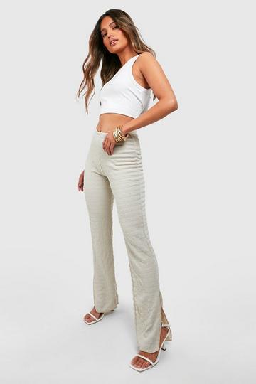 Beige Crinkle Ribbed Split Front Trousers