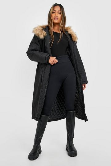 Faux Fur Trim Parka Coat black