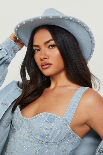 Halloween Denim Cowboy Hat With Pearl Detail Brim denim