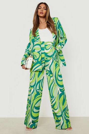 Abstract Print Wide Leg Trousers apple green