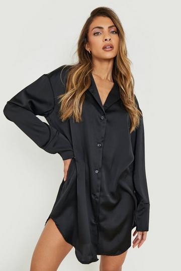 Satin Oversized Shirt Dress black