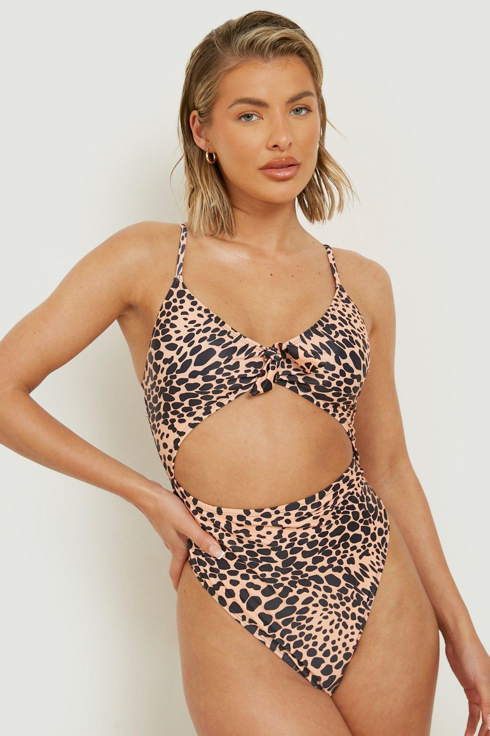 Women s Snake Print Deep Plunge Swimsuit Boohoo UK