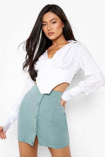 Green Button Pocket Front Crepe Mini Skirt