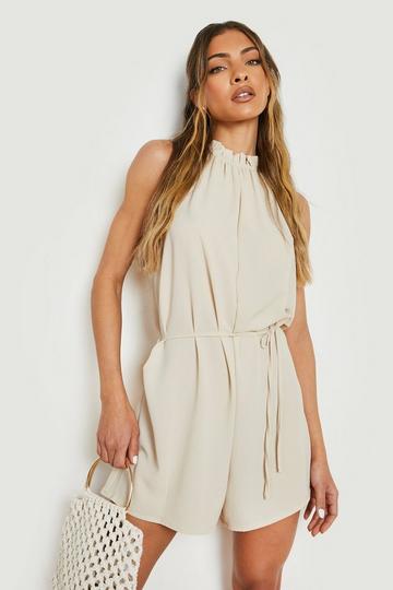 Halter Neck Belted Woven Playsuit ivory
