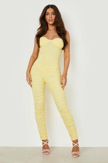 Yellow Mesh Ruched Detail Bandeau Jumpsuit