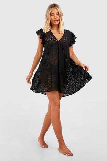Lace Ruffle Plunge Beach Mini Dress black