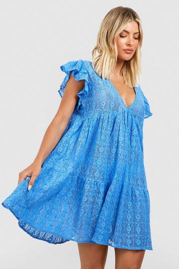 Lace Ruffle Plunge Beach Mini Dress blue