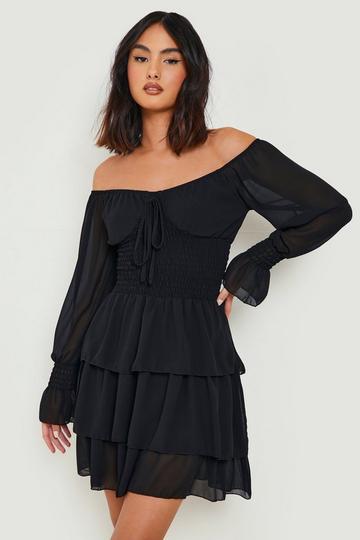 Black Chiffon Shirred Bardot Mini Dress