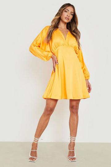 Satin Batwing Plunge Skater Dress orange