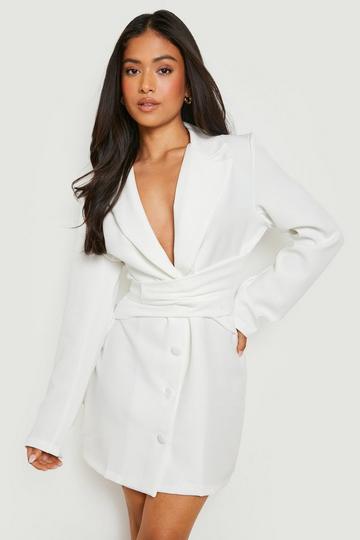 White Petite Bow Belted Blazer Dress