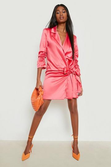 Satin Drape Side Blazer Dress hot pink