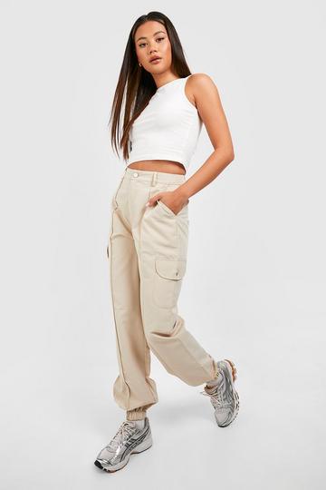 Stone Beige High Waisted Casual Woven Cargo Pants
