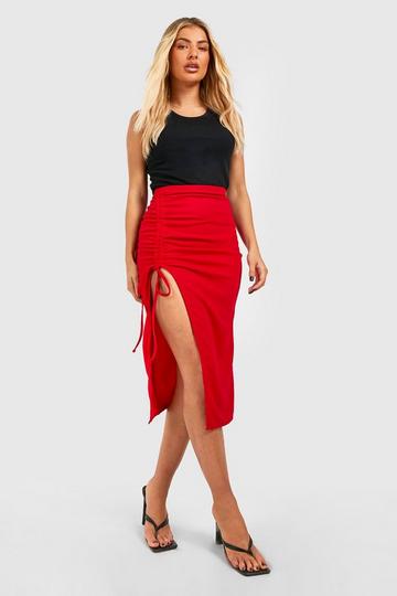 Ruched Front Thigh Split Crepe Midi Skirt red