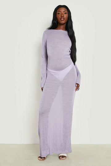 Lilac Purple Sheer Scoop Back Knitted Maxi Dress