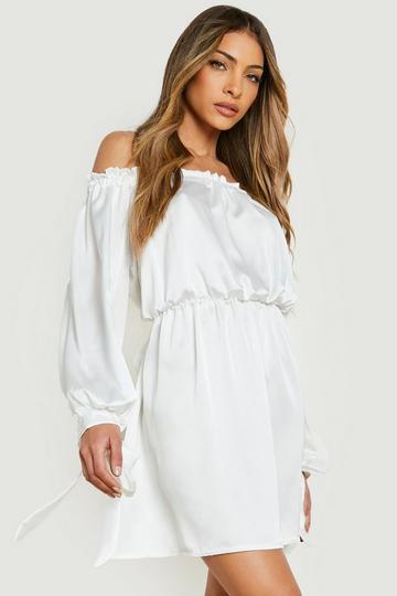 Satin Off The Shoulder Frill Mini Skater white