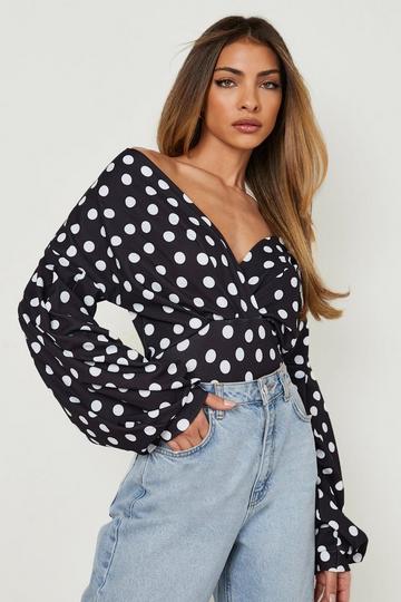 Polka Dot Off The Shoulder Wrap Bodysuit black