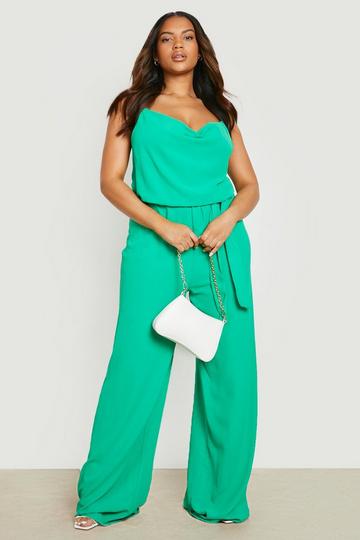 Green Plus Woven Strappy Cowl Neck Belted Jumpsuit