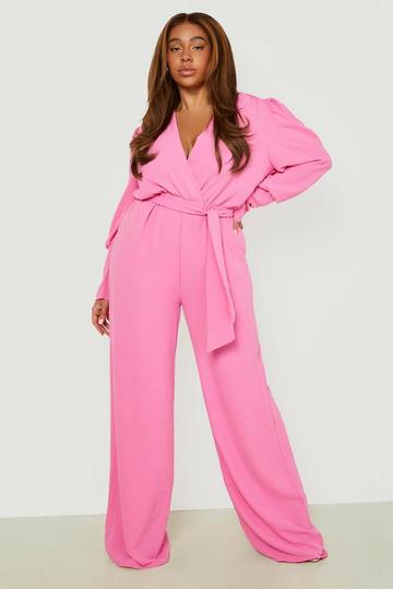 Plus Woven Puff Sleeve Belted Taper Jumpsuit light pink