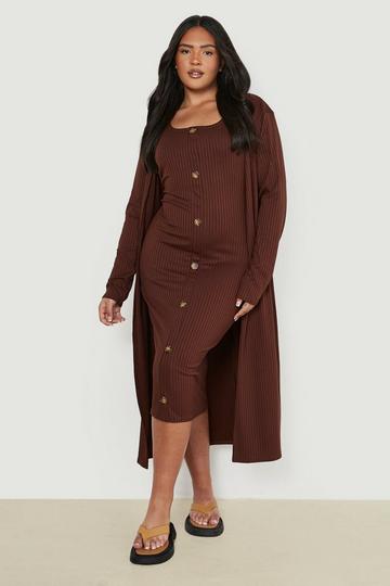 Brown Plus Horn Button Midi Dress And Duster Co-ord