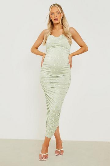Sage Green Maternity Floral Cowl Ruched Midi Dress