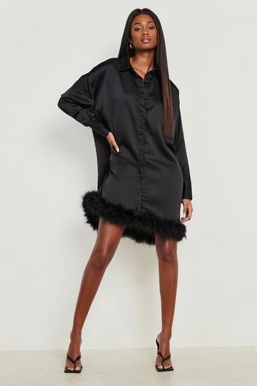 Black Satin Feather Trim Oversized Shirt Dress