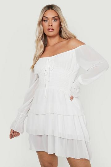 Plus Bardot Shirred Ruffle Dress white