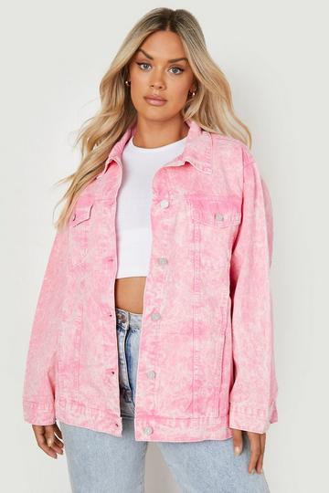 Plus Acid Wash Denim Jacket pink