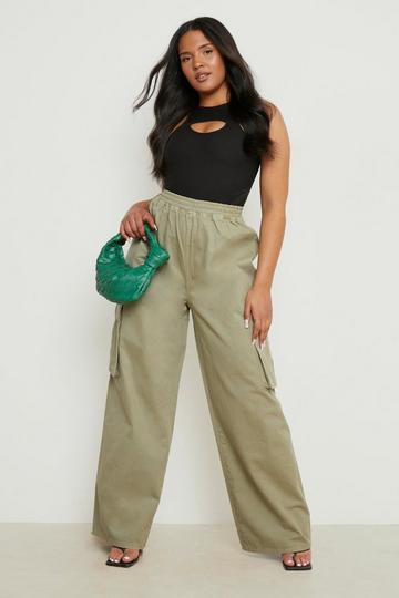 Plus Elasticated Waist Cargo Wide Leg Trousers khaki