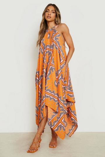 Scarf Print Woven Swing Dress orange