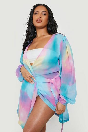 Plus Tie Dye Chiffon Belted Beach Kimono multi