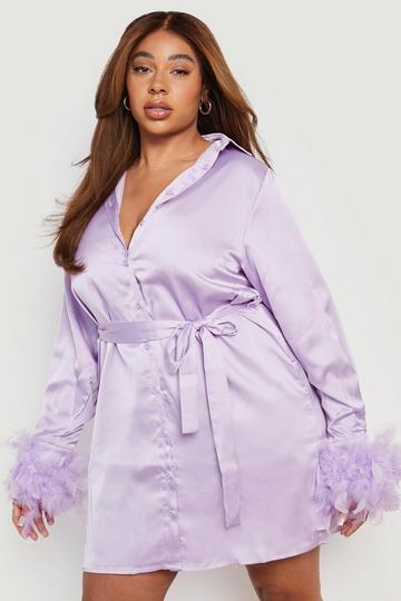 Lilac Purple Plus Feather Satin Tie Belt Shirt Dress