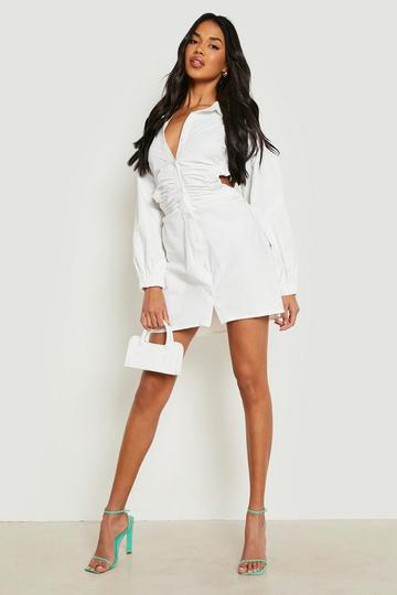 Ruched Open Side Volume Sleeve Shirt Dress ivory